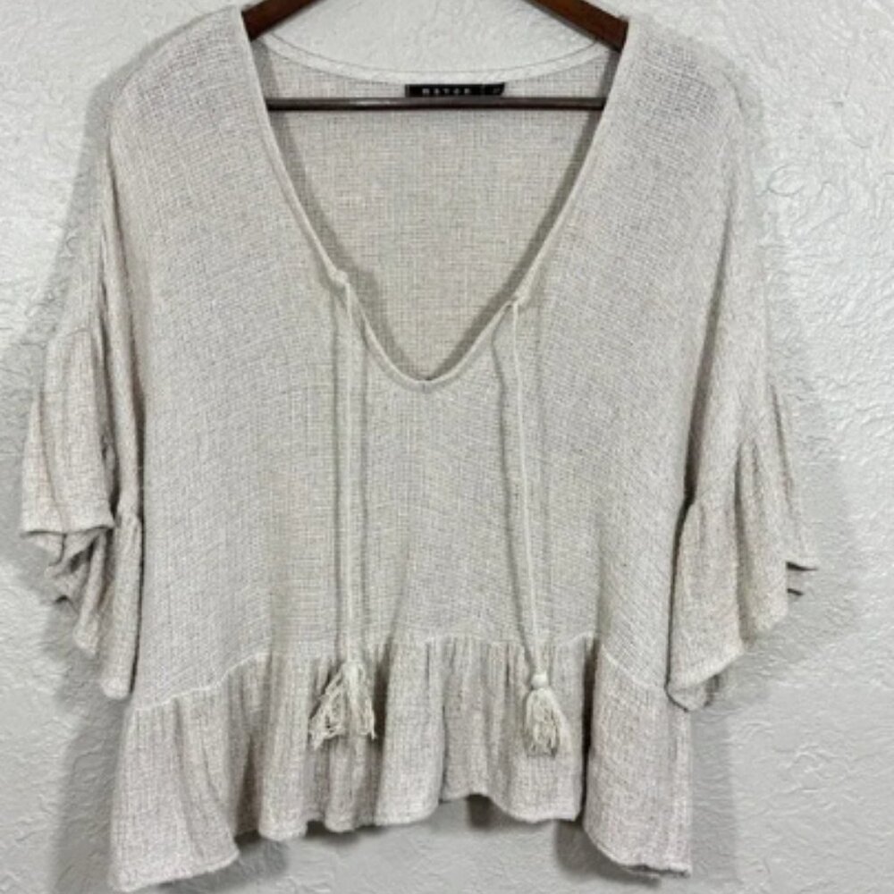 Maven West Linen Top Small Tassel Peplum Crop Natural Artisan Scandi Lagenlook